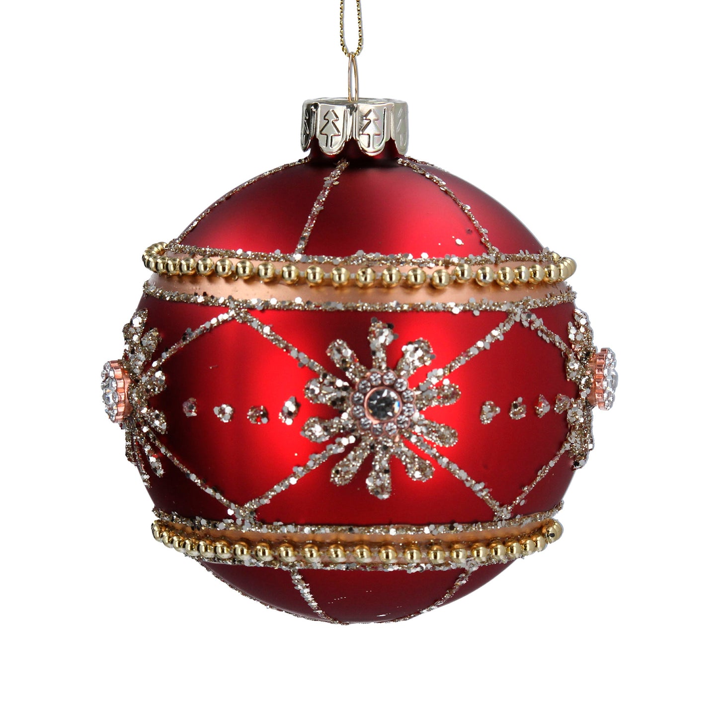 A matt red glass Christmas ornament with a geometric pattern of diamantes and beads.