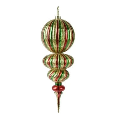 A finial style Christmas ornament with red, green, and gold colors, hanging from a hook.