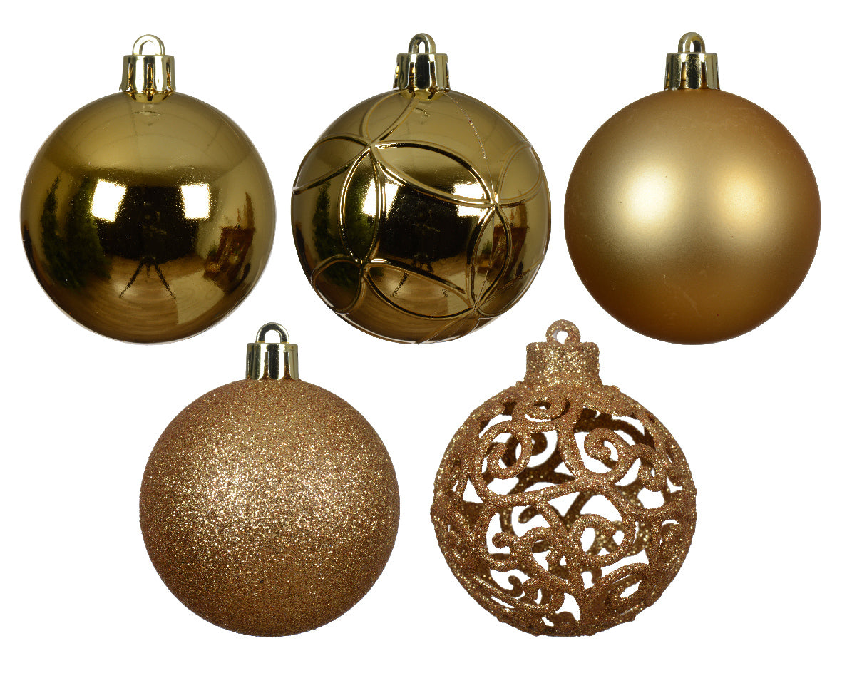Set of 35 Mixed Light Gold 6cm Christmas Baubles