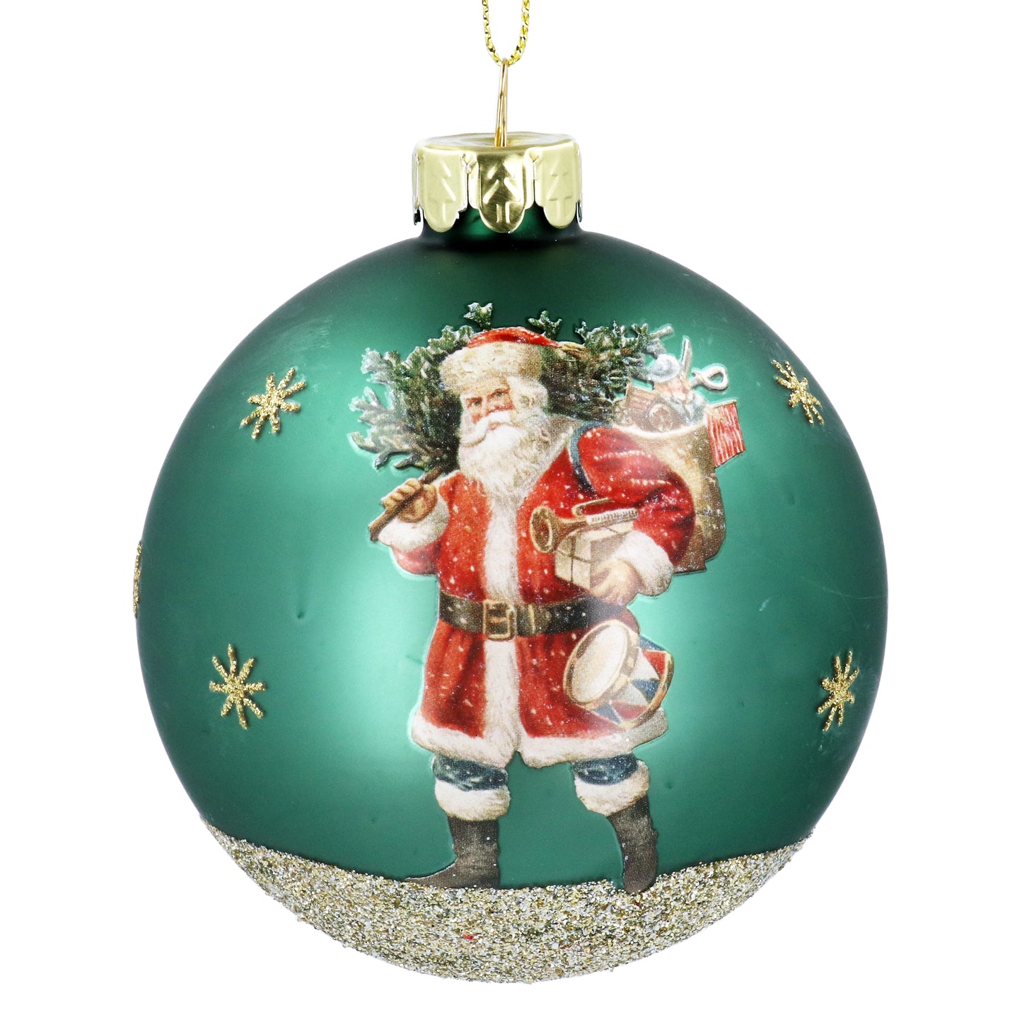 A round glass hanging ornament featuring a depiction of Santa Claus in a green Christmas tree.