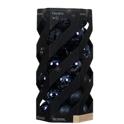 A set of 35 mixed night blue Christmas baubles packaged in a black cylindrical box with a clear view of the baubles through the gaps in the packaging.