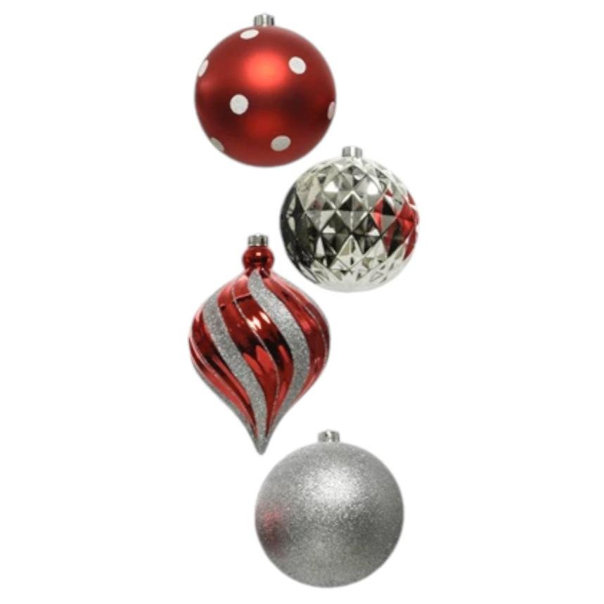 A set of three Christmas baubles with a red and silver color scheme. Two have a glittery finish and one has a matte texture.