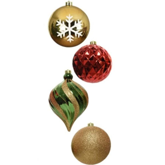 A set of three Christmas baubles in red, green, and gold colors, featuring traditional festive designs.