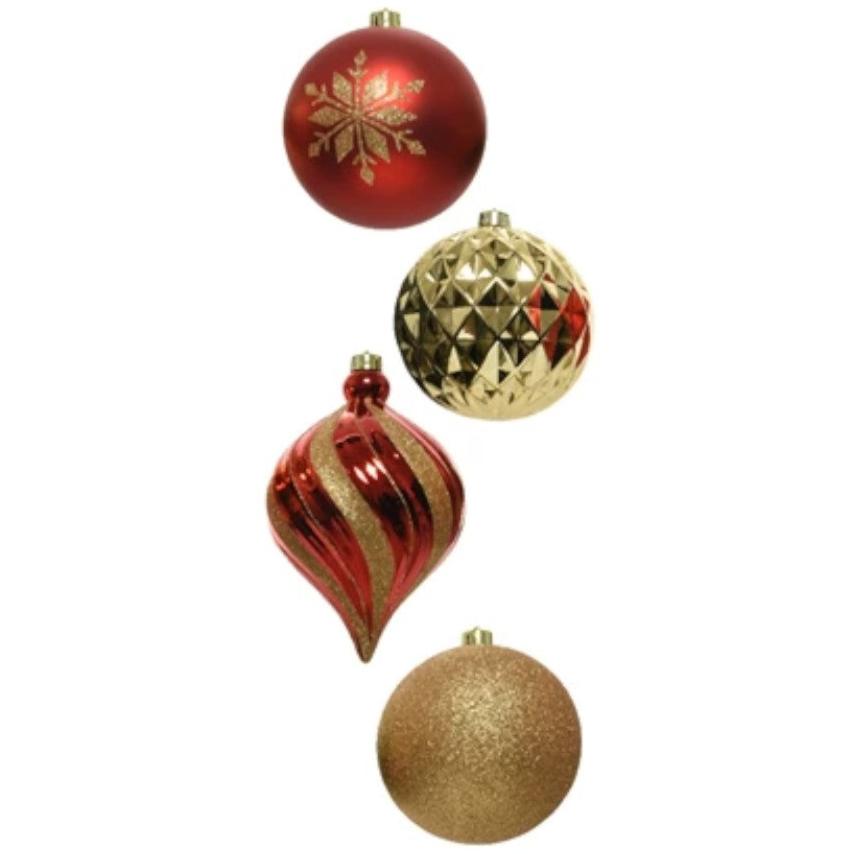 A set of three red and gold Christmas baubles with a geometric pattern, designed to be hung as decorations.