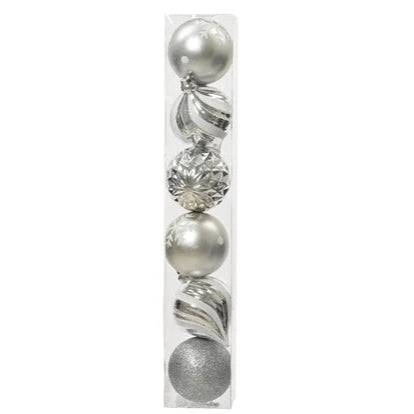 Packaged silver Christmas ornaments on a white background