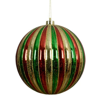Large Red Gold and Green Stripe Christmas Bauble 20cm