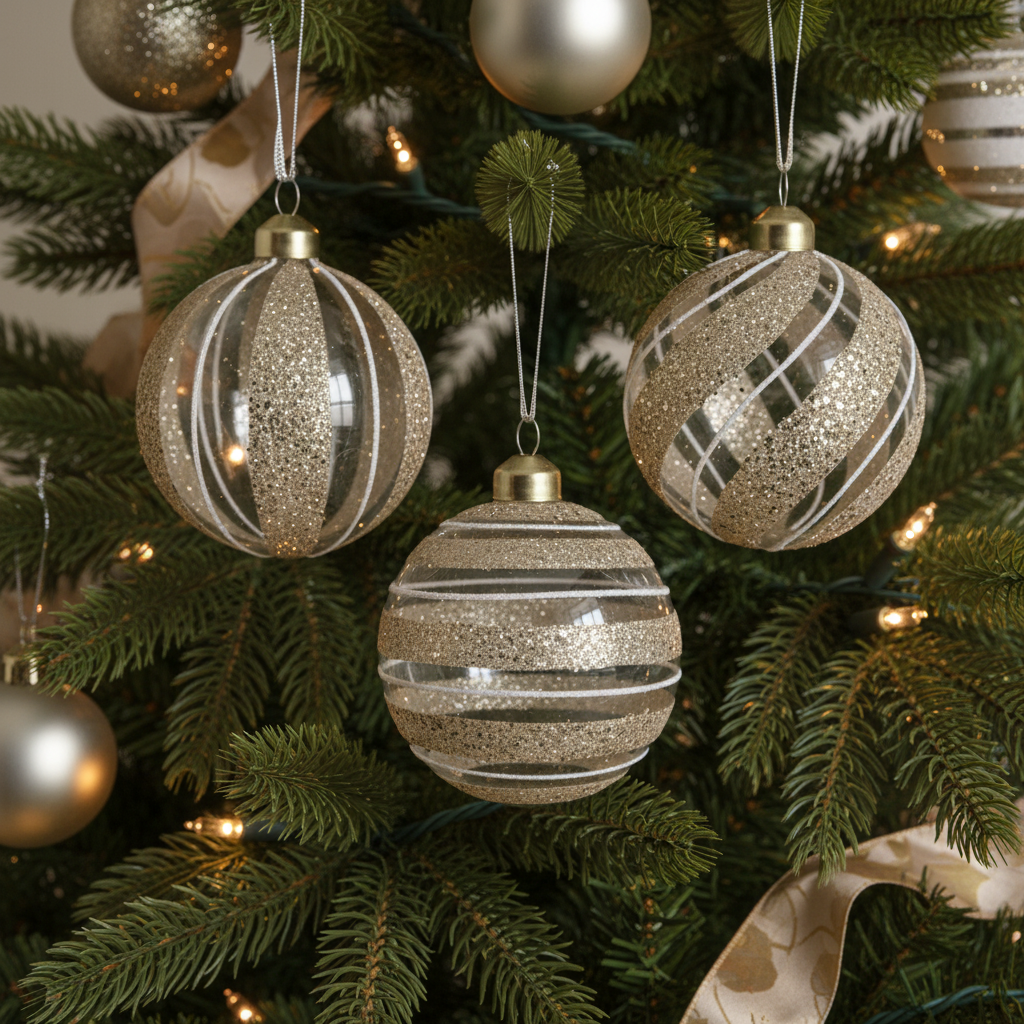 Gold Glitter Stripe Transparent Glass Christmas Bauble