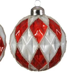 Red and White Harlequin Pattern Glass Bauble