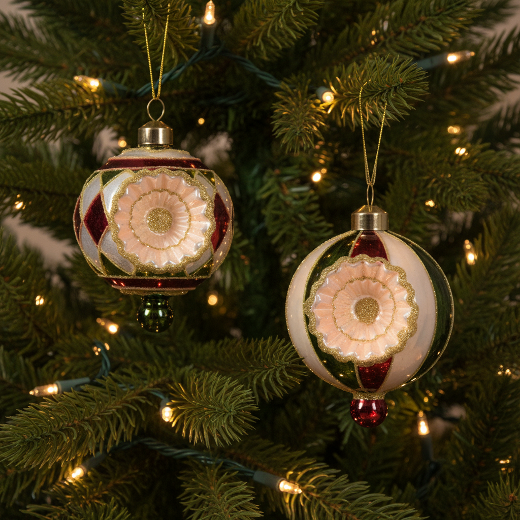 Two decorative Christmas ornaments with intricate patterns on a white background