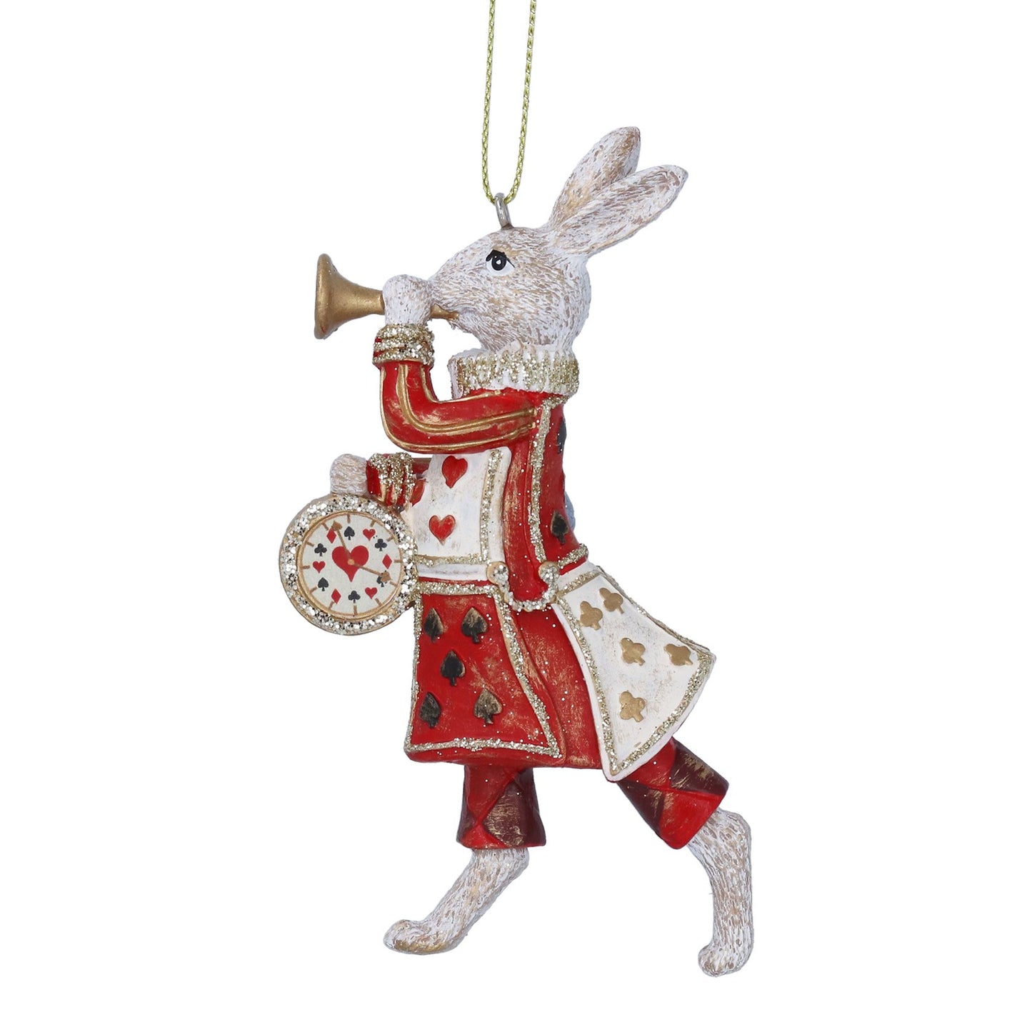 Decorative ornament of a rabbit in a red outfit with a horn on a white background