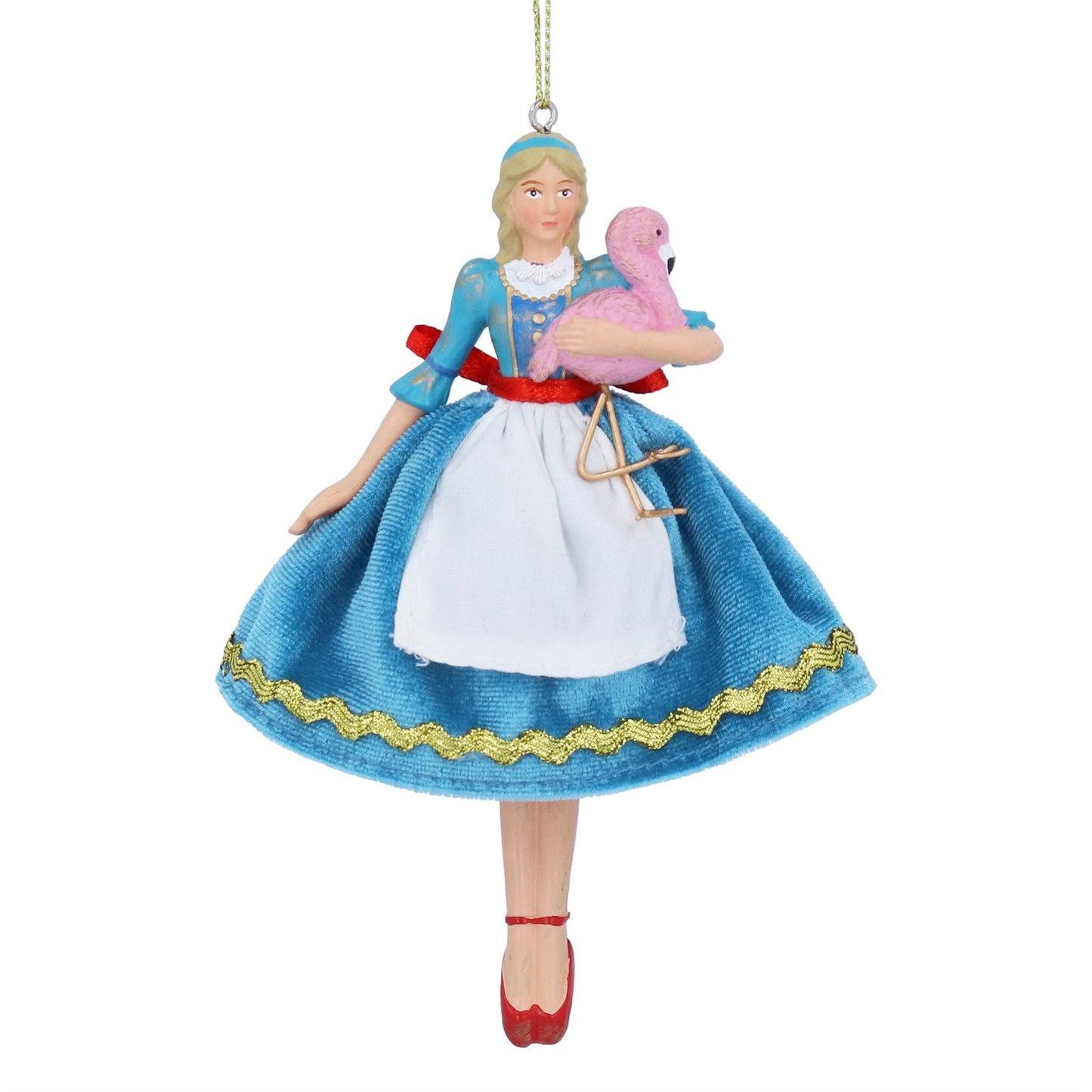 Decorative ornament of a character in a blue dress holding a pink flamingo on a white background
