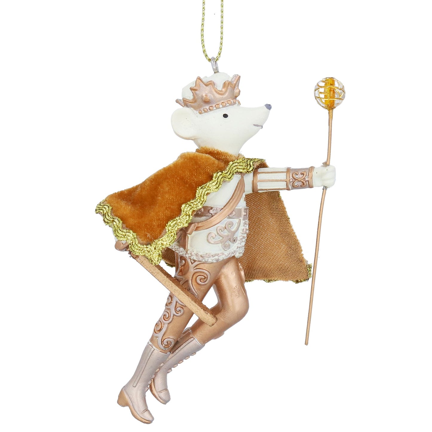 Decorative figurine of a fox in regal attire with a crown and scepter on a white background