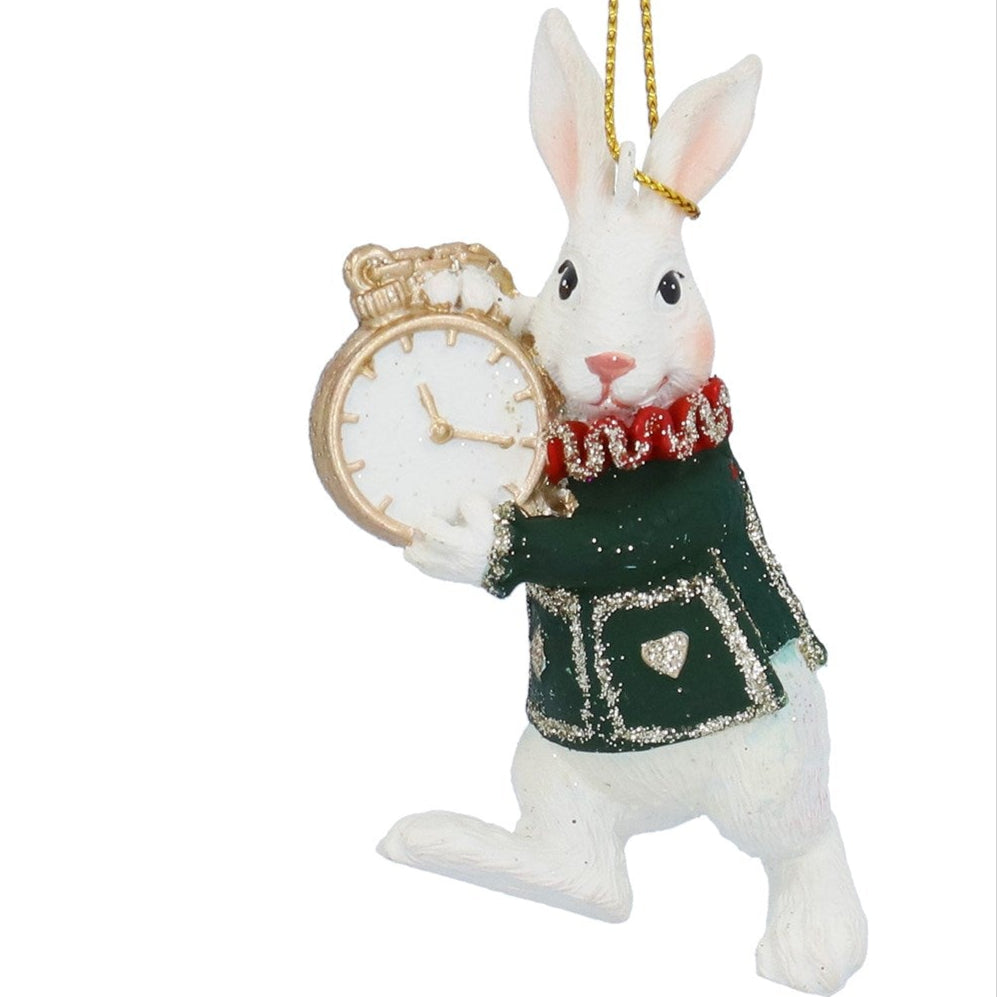 White Rabbit with Clock Instrument Hanging Christmas Decoration