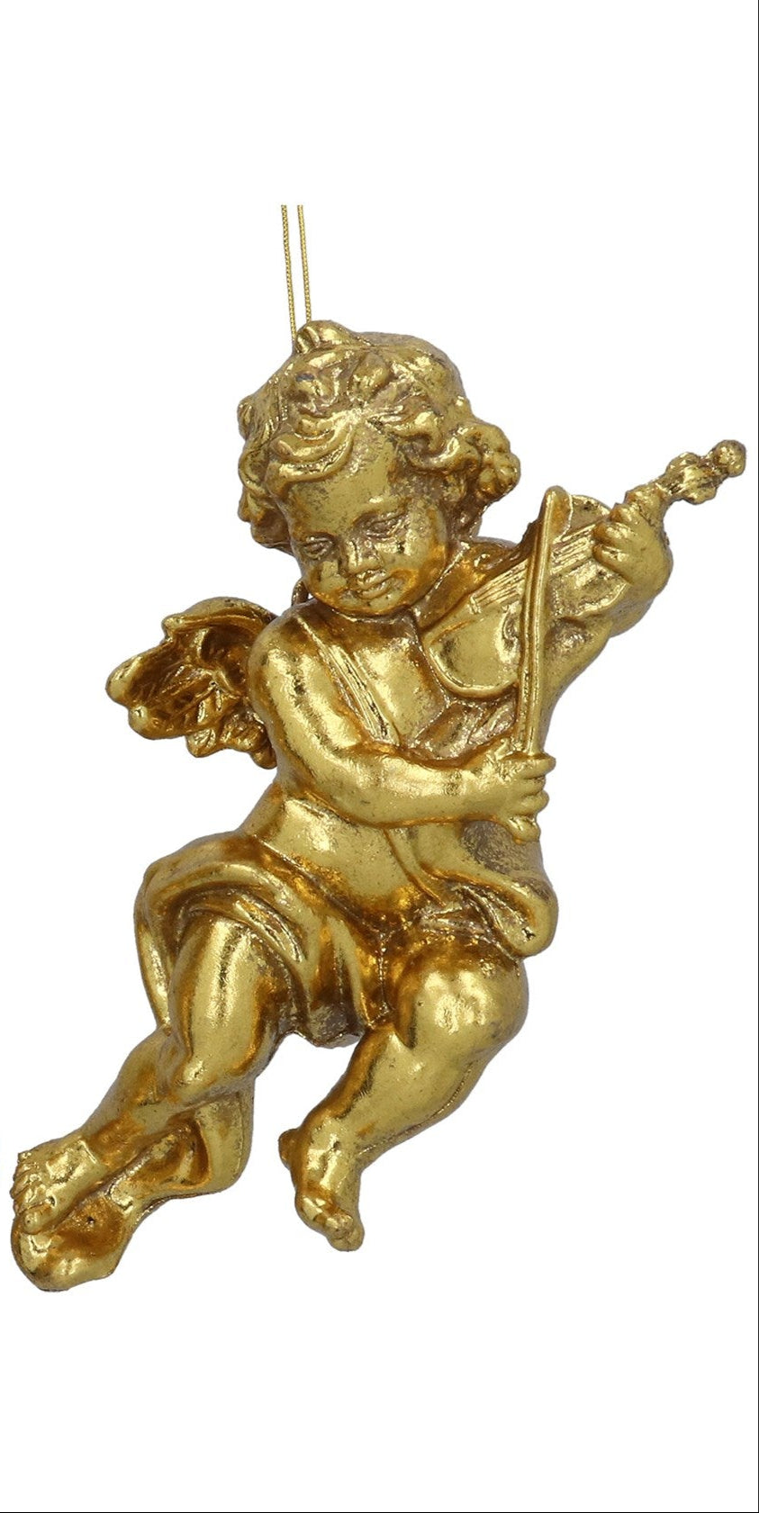 Gold cherub figurine playing a violin on a white background
