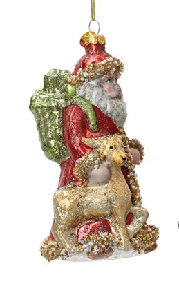 Decorative Christmas ornament of Santa Claus with a reindeer on a white background