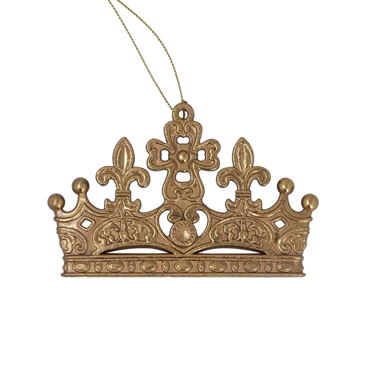A gold flat crown-shaped Christmas hanging decoration with a matte finish and a hanging wire.