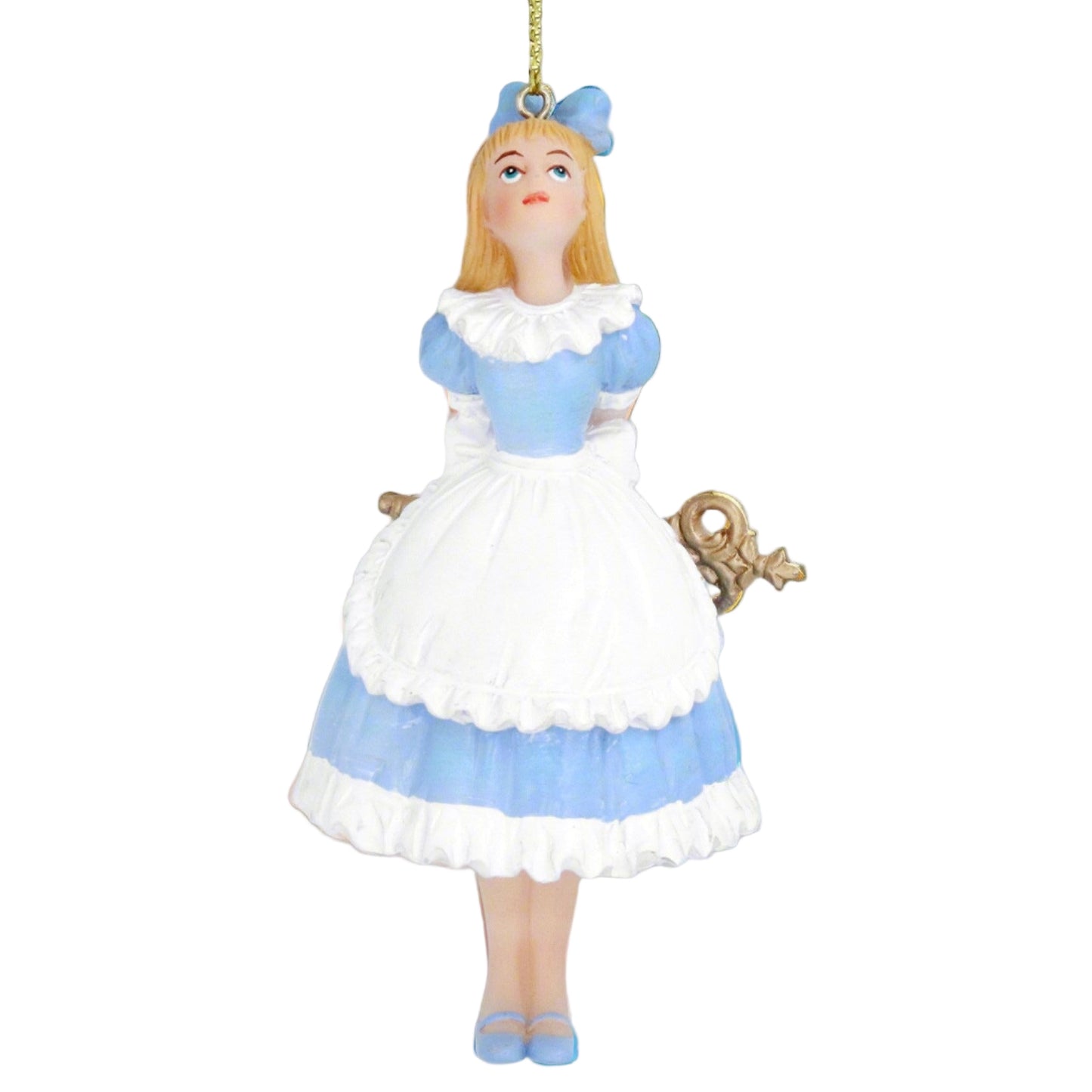 A resin figurine of Alice in Wonderland dressed in a blue and white outfit with a white apron, hanging as a Christmas tree decoration.