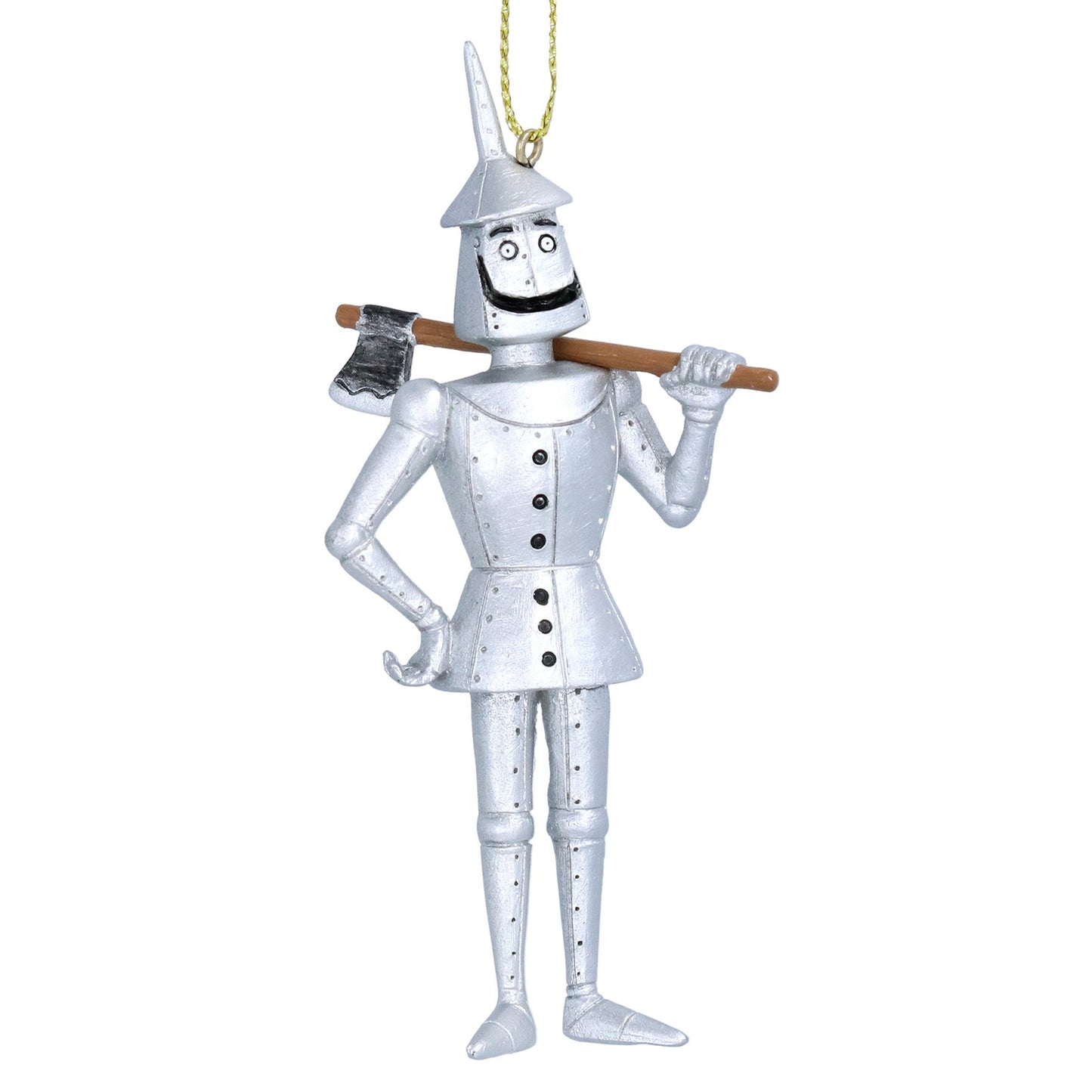 A silver-colored tin man Christmas tree decoration inspired by the character from 'The Wizard of Oz', holding an axe, with a gold hanging wire at the top.