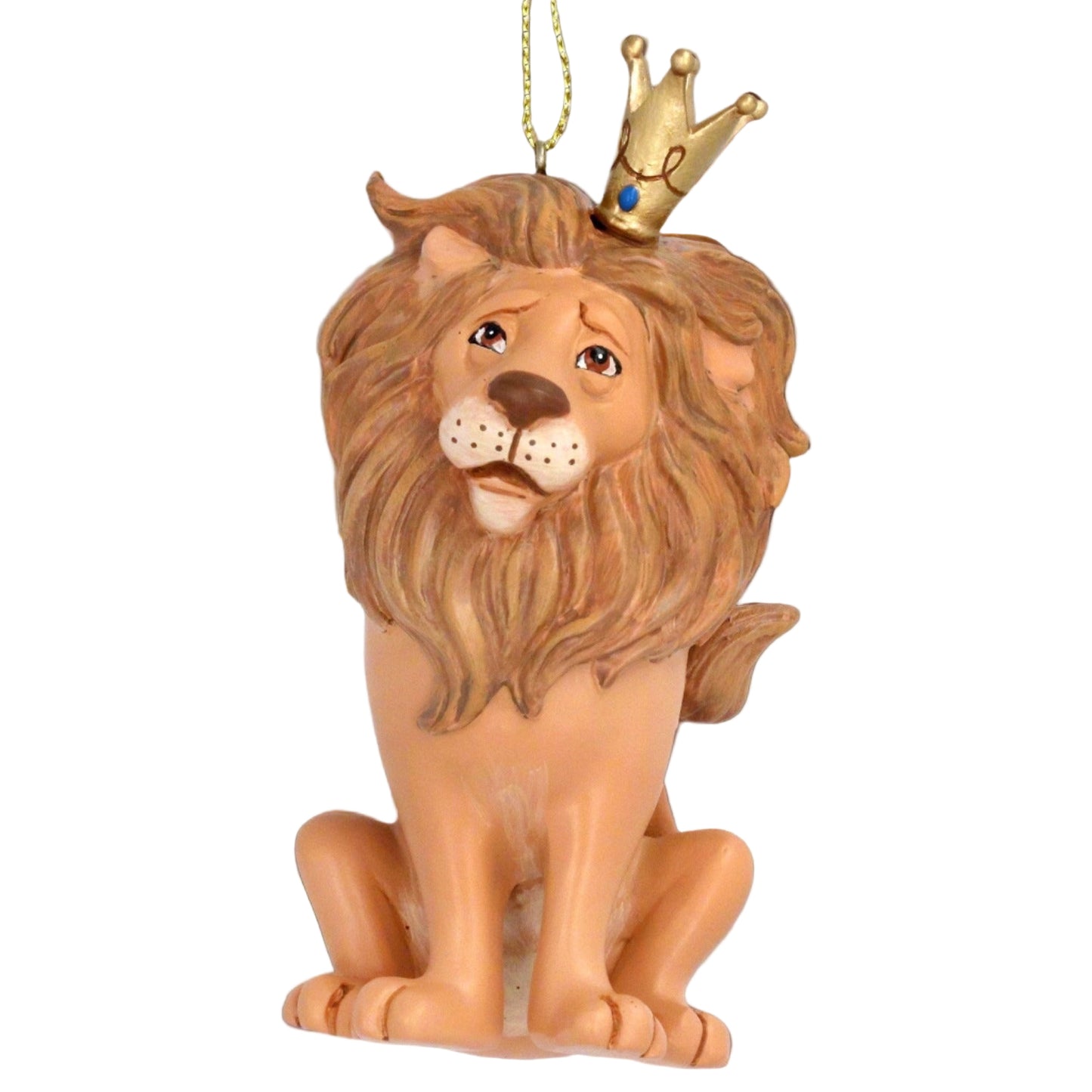 A hanging Christmas tree decoration of a lion with a crown, predominantly beige and gold in color.