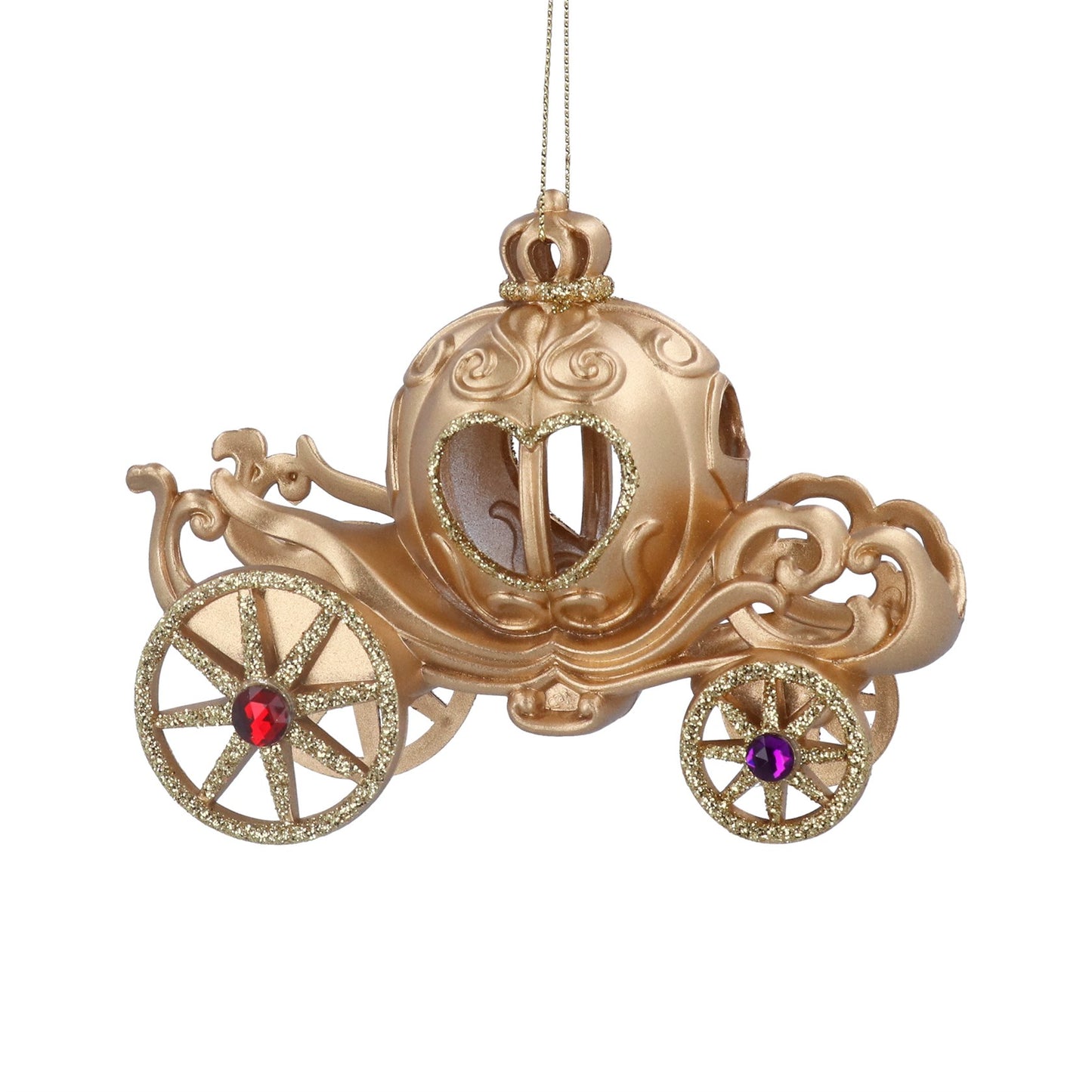 A gold-colored Cinderella carriage hanging Christmas tree decoration with intricate detailing and a heart-shaped window.