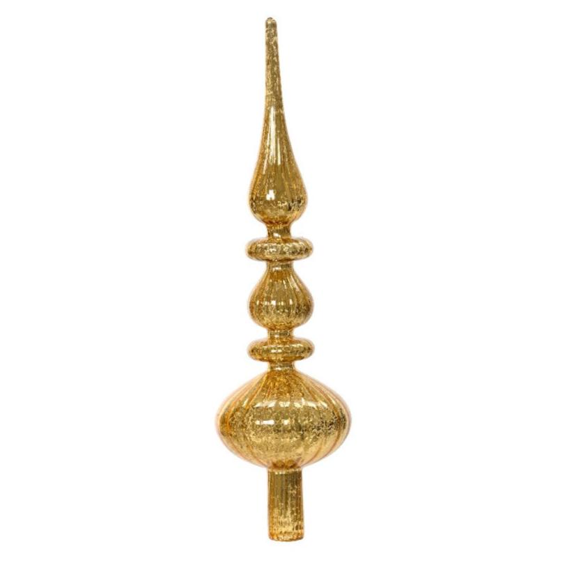An antique gold glass finial in the shape of a Christmas tree topper with a glossy golden finish and vintage style distressed details.