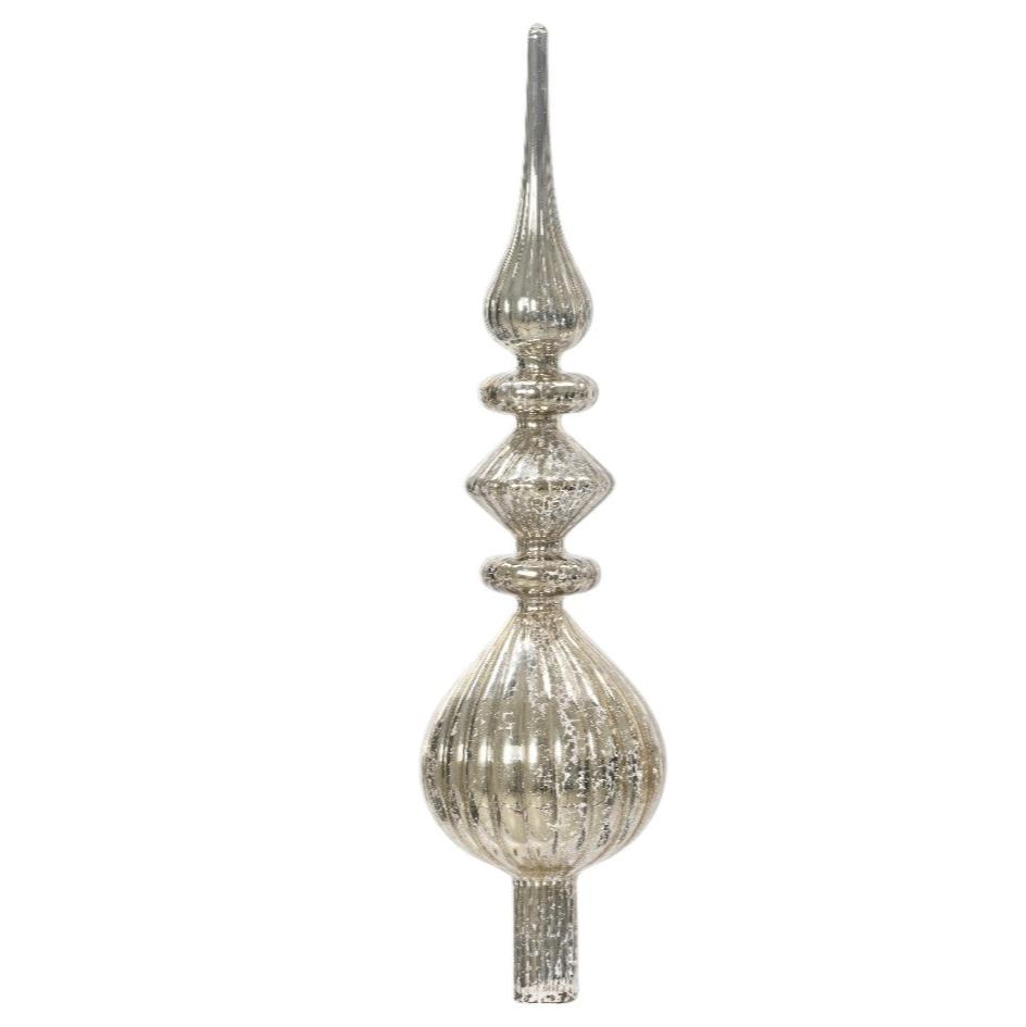 Antique silver glass Christmas tree topper with a golden finish and vintage style distressed details.