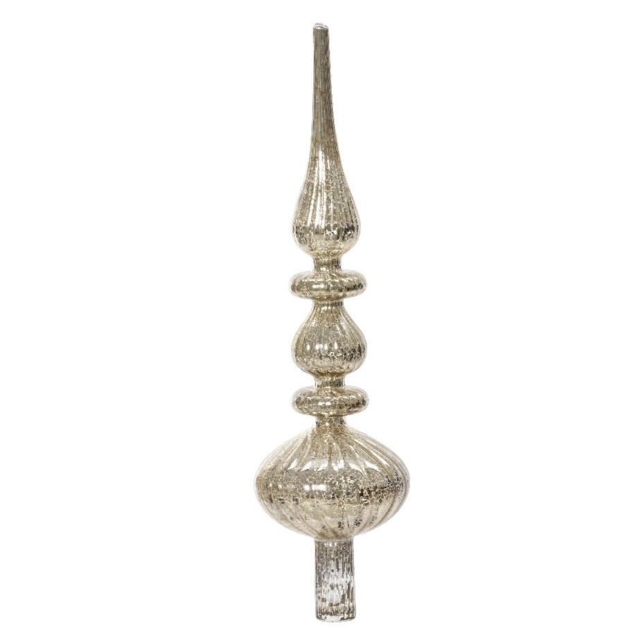 Antique silver glass finial in the shape of a Christmas tree topper with a tarnished golden appearance.