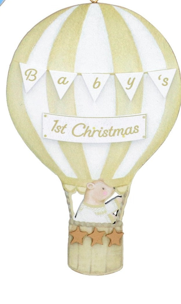 Baby's First Christmas Teddy On Balloon Wooden Tree Decoration