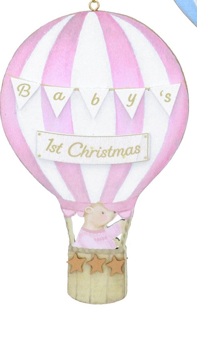 Baby's First Christmas Teddy On Balloon Wooden Tree Decoration