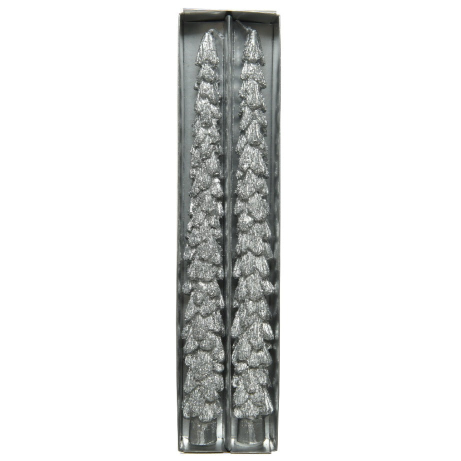Silver Glitter Christmas Tree Dinner Candles