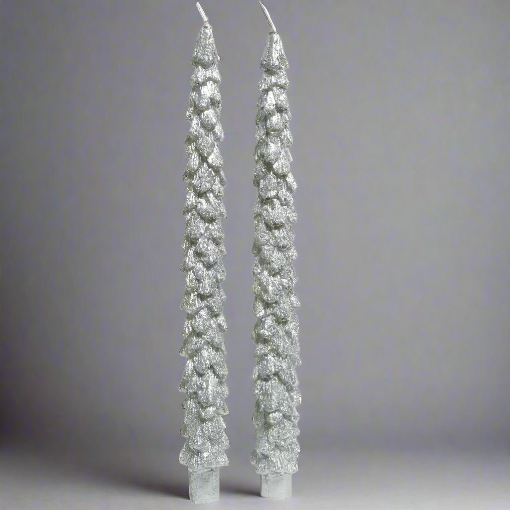 Silver Glitter Christmas Tree Dinner Candles