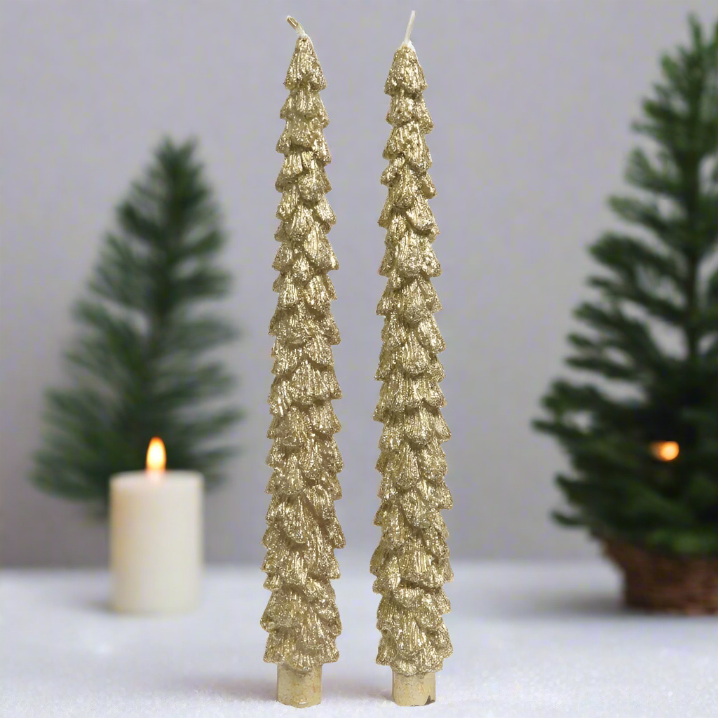 Gold Metallic Christmas Tree Dinner Candles