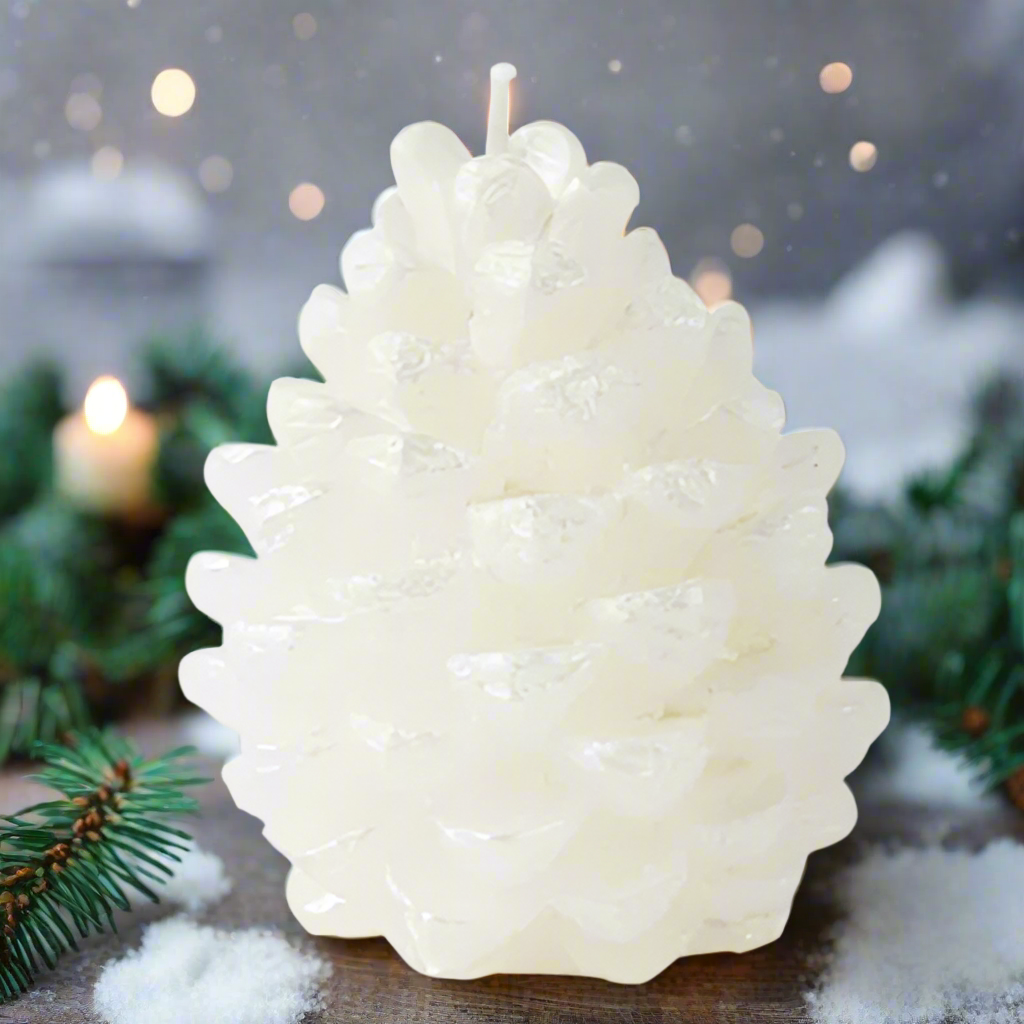 White textured candle shaped like a pine cone with Christmas decorations in the background
