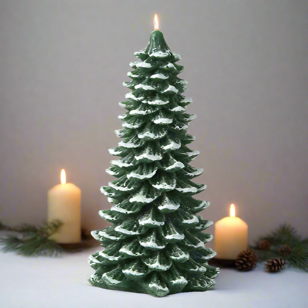 Decorative Christmas tree candle with two candles on a neutral background