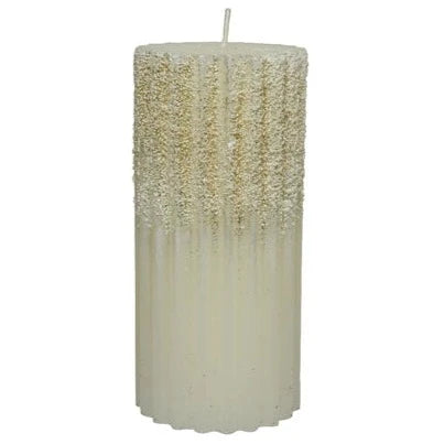 Cream Wax Rib Pillar Christmas Candle with Glitter