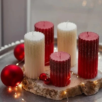 Cream Wax Rib Pillar Christmas Candle with Glitter