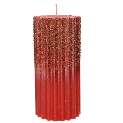 Red Wax Rib Pillar Christmas Candle with Glitter 15 x 7cm