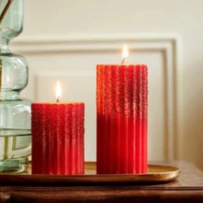 Red Wax Rib Pillar Christmas Candle with Glitter 15 x 7cm
