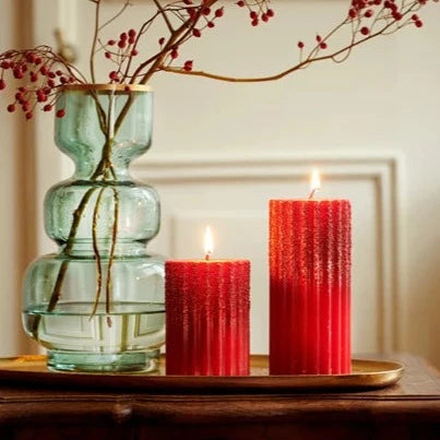 Red Wax Rib Pillar Christmas Candle with Glitter 15 x 7cm