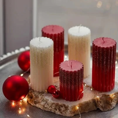 Red Wax Rib Pillar Christmas Candle with Glitter 15 x 7cm