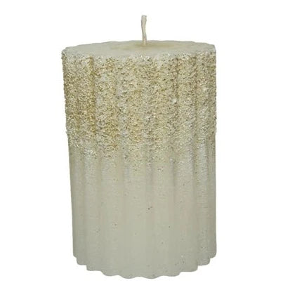 Cream Wax Rib Pillar Christmas Candle with Glitter 10 x 7cm
