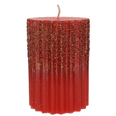 Red Wax Rib Pillar Christmas Candle with Glitter 10 x 7cm