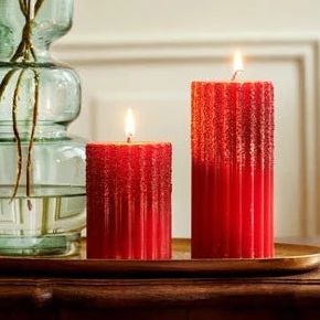 Red Wax Rib Pillar Christmas Candle with Glitter 10 x 7cm