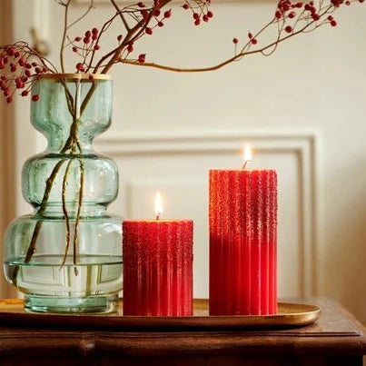 Red Wax Rib Pillar Christmas Candle with Glitter 10 x 7cm