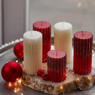 Red Wax Rib Pillar Christmas Candle with Glitter 10 x 7cm