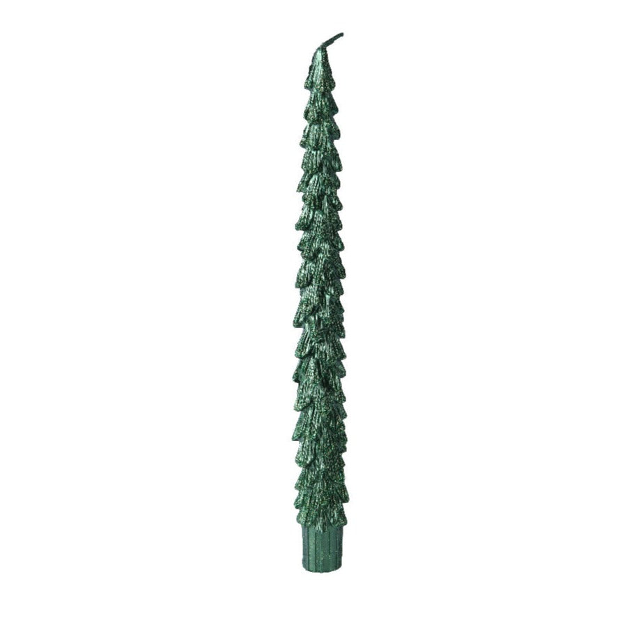 Set of 2 Green Metallic Christmas Tree Dinner Candles
