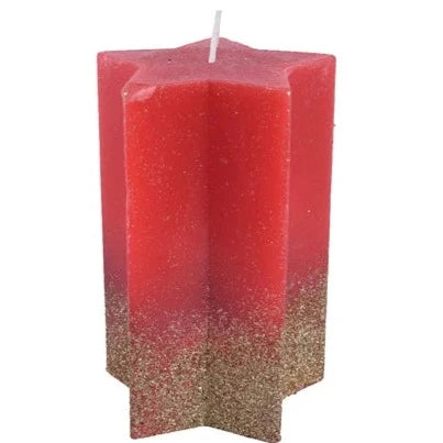 Red with Gold Christmas Glitter Star Wax Candle 15cm