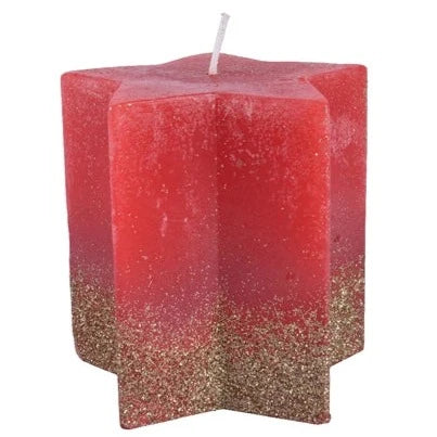 Red with Gold Glitter Christmas Star Wax Candle 10cm