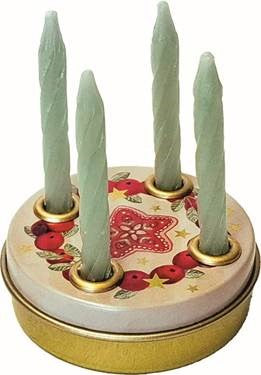 Small Decorative Advent tin with 4 small green candles