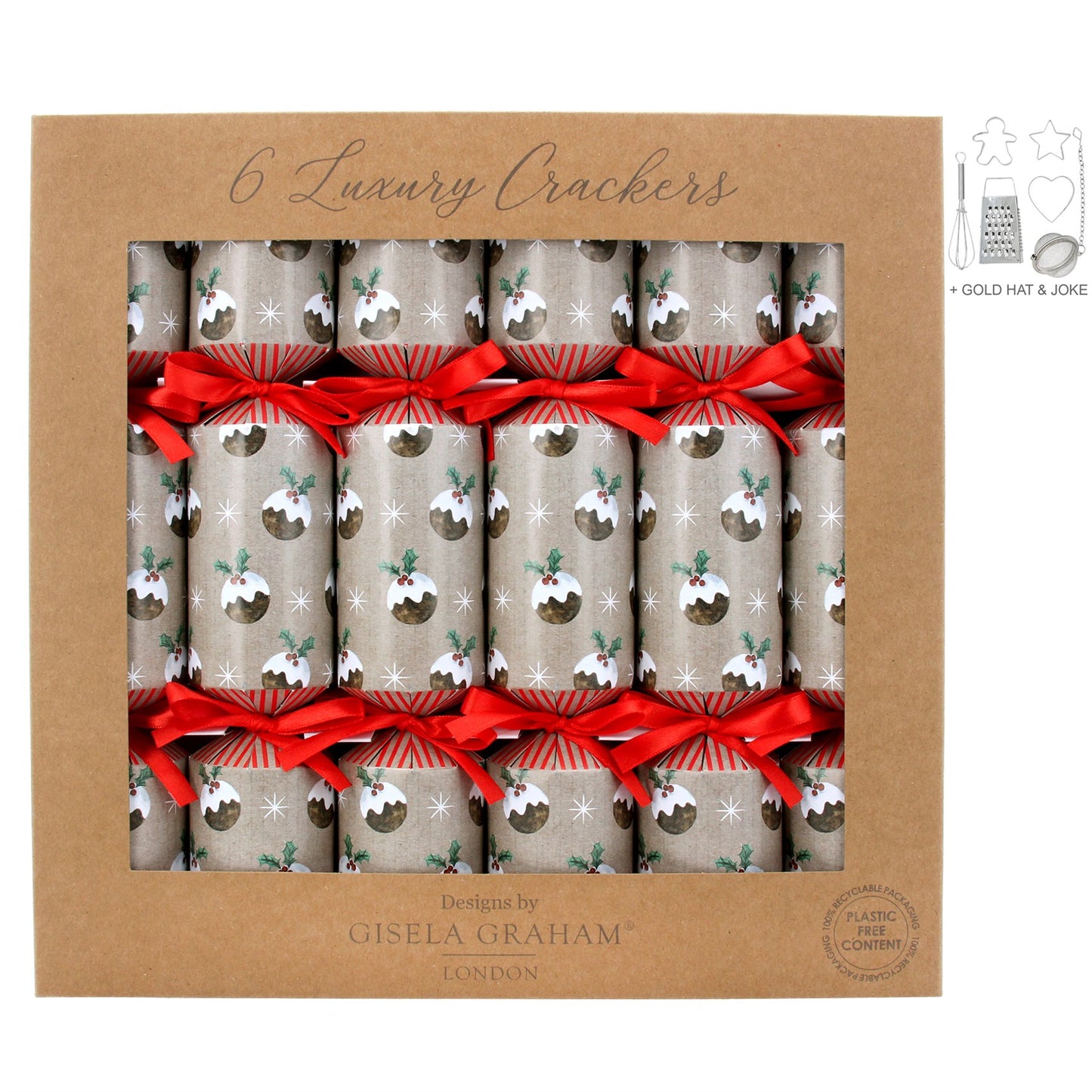 A set of six Christmas crackers with a festive pudding design, adorned with red and white decorative elements, presented in a cardboard packaging with 'Gisela Graham' branding.